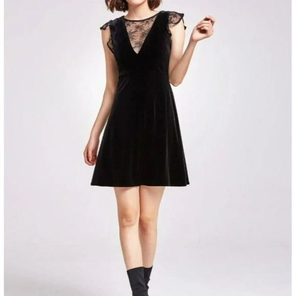 Zara Basic Collection Dress Womens M Black Velvet Lace Trim Zipper Fit & Flare - Picture 1 of 11